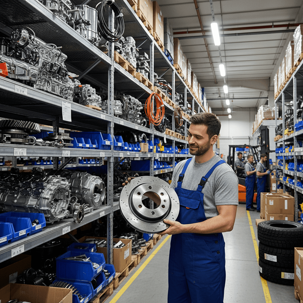 Mechanic examining truck parts in a well-organized automotive warehouse