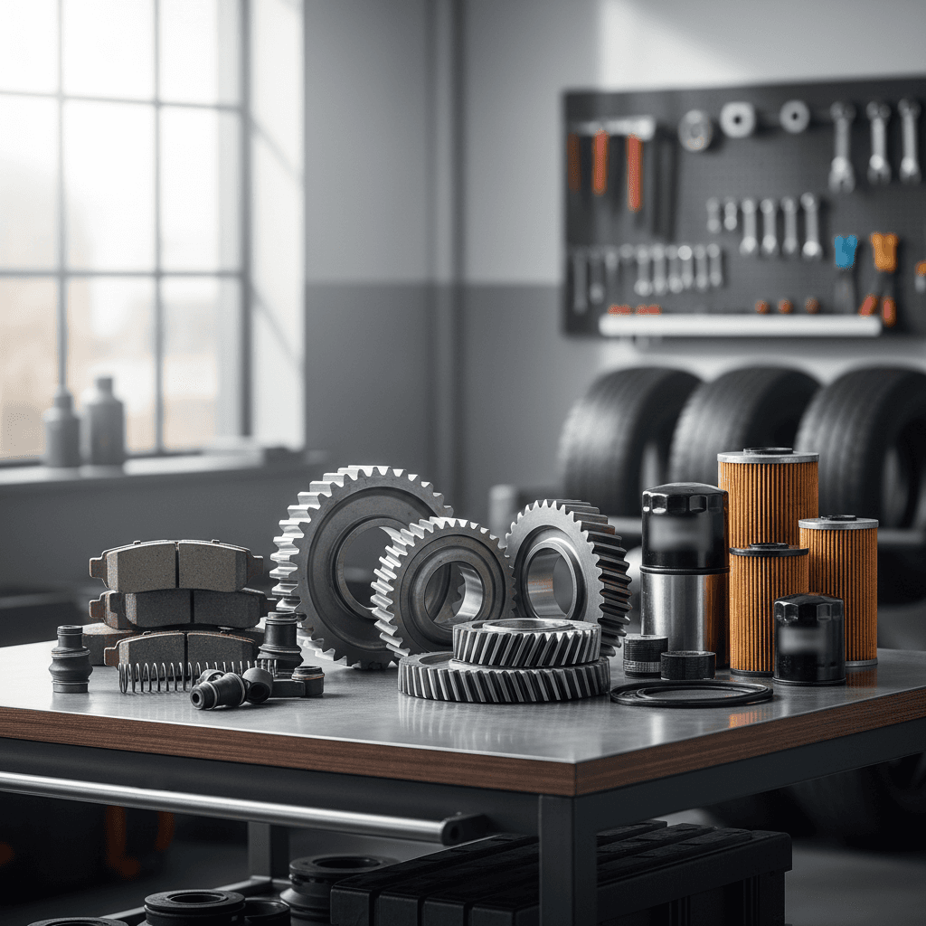 Specialized truck parts displayed in a well-lit workshop, highlighting durability and organization.