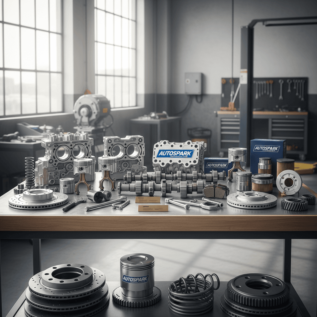 Selection of national automotive parts on a workshop table, showcasing quality and precision.